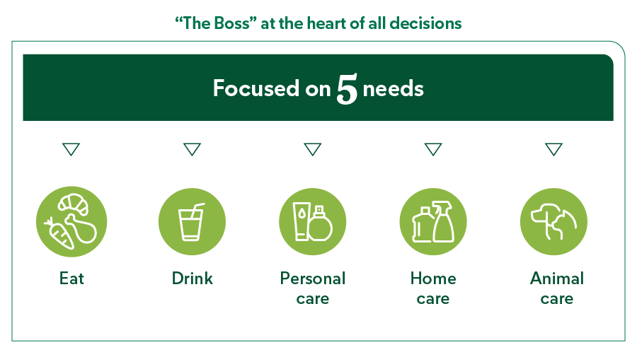 Centered around 5 needs: Drink, Personal Hygiene, Pet Care, Home Cleaning, Food.