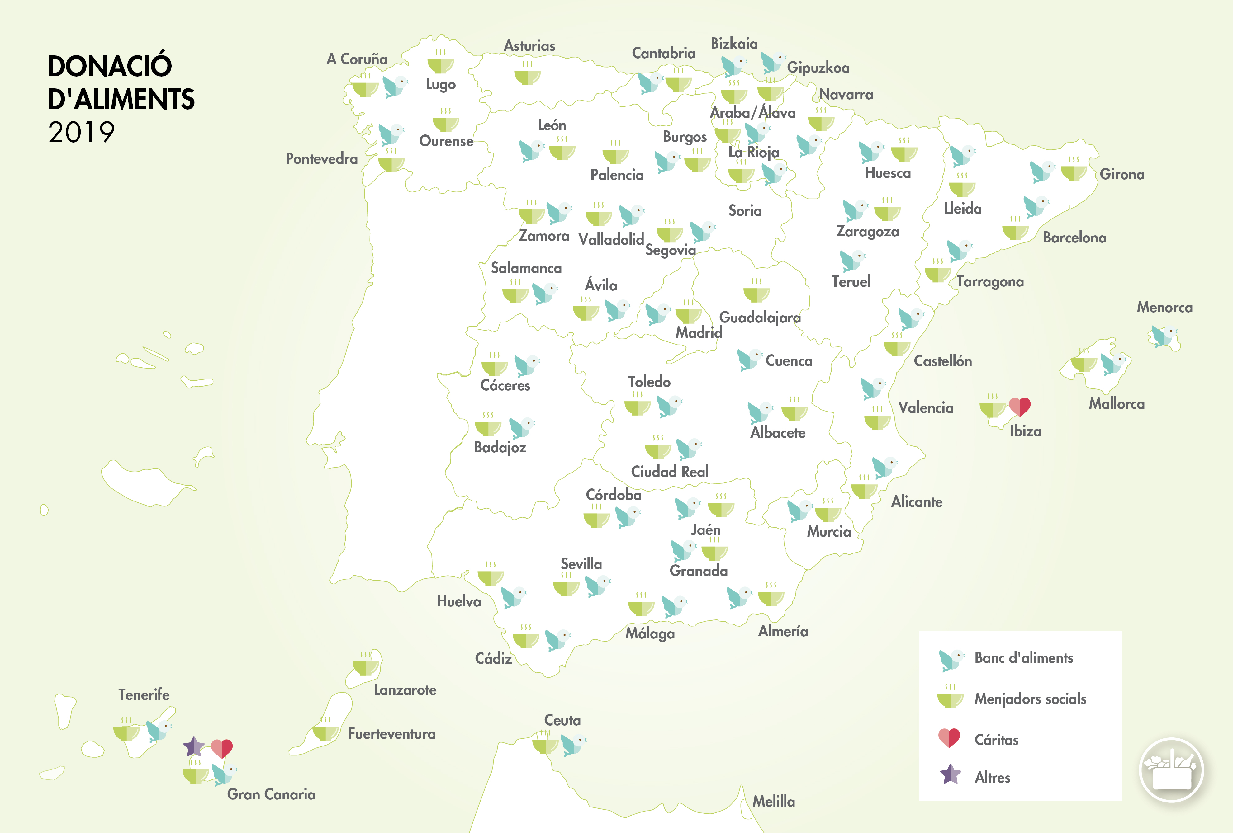 Mapa de donacions d’aliments 2019 de Mercadona a Espanya