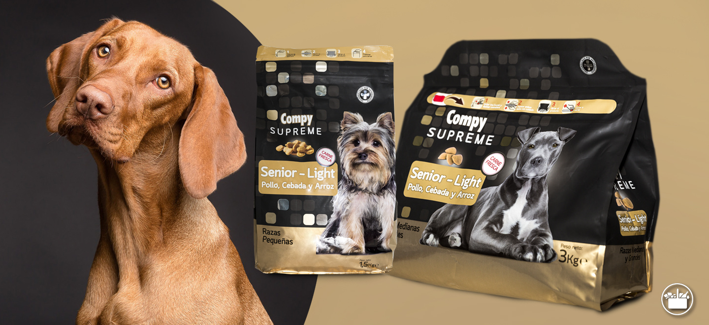 Bosses de 3 quilos i 1,5 quilos del nou pinso Compy Supreme Senior-Light per a gossos d'edat avançada i gossos amb sobrepès