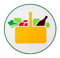 Mercadona’s logo, comprised of a yellow basket filled with vegetables and a bottle.