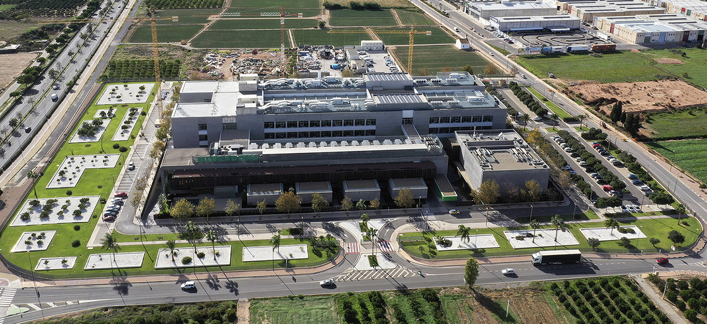 Aerial view of the new Mercadona offices in Albalat dels Sorells (Valencia)