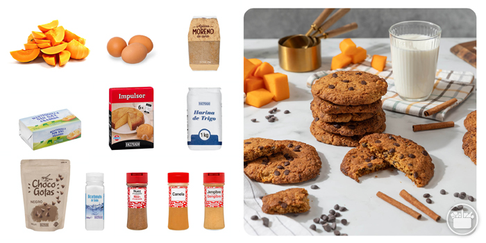 Ingredientes para Cookies de calabaza con pepitas de chocolate 
