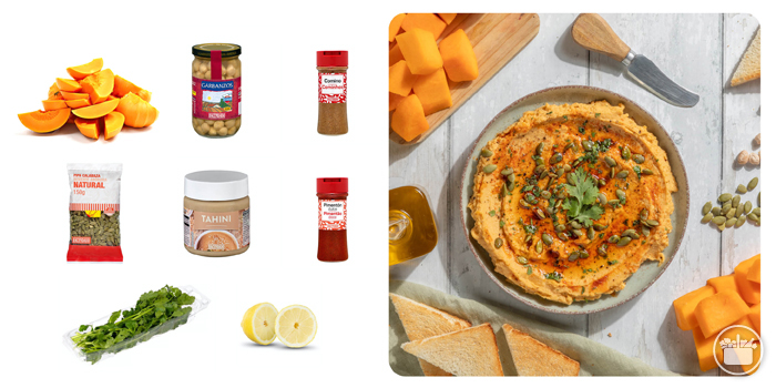 Ingredientes para Hummus de calabaza con pimentón y pipas de calabaza 