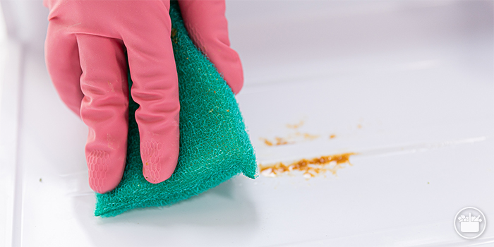 Pautas para la limpieza y organización de tu nevera: Para manchas persistentes, utiliza un estropajo suave.
