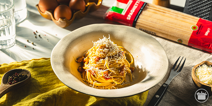 Plato de Spaghetti Carbonara con pastas de Mercadona