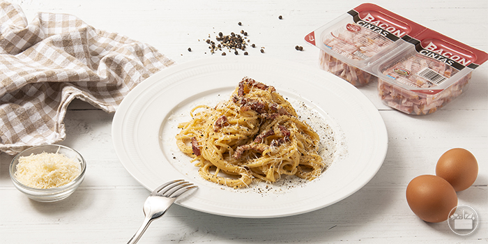 Spaghetti carbonara con cintas de bacon de Mercadona
