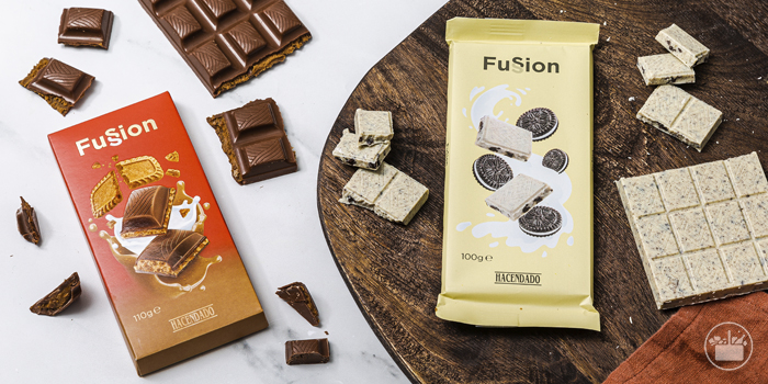 Chocolates Fussion: Chocolate blanco con galletas al cacao y Chocolate con leche con relleno de galleta belga