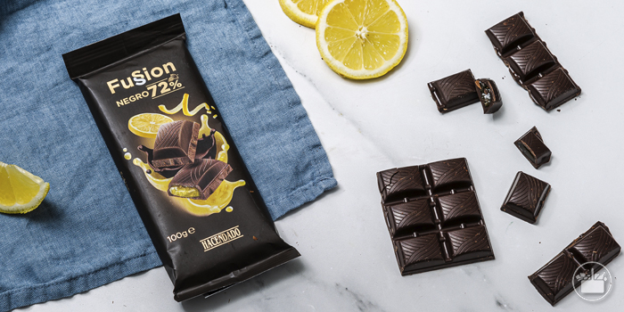 Chocolates Fussion: Chocolate negro extrafino 72% cacao relleno de crema de limón