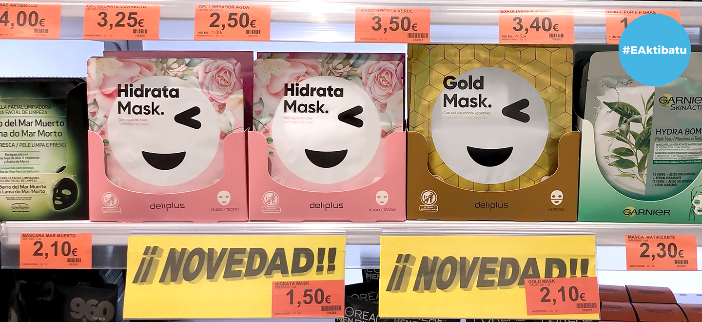 Hidrata Mask – Ehuna eta Gold Mask – Hidrogela aurpegi-maskarak, Mercadonaren Lurrindegiko linealean