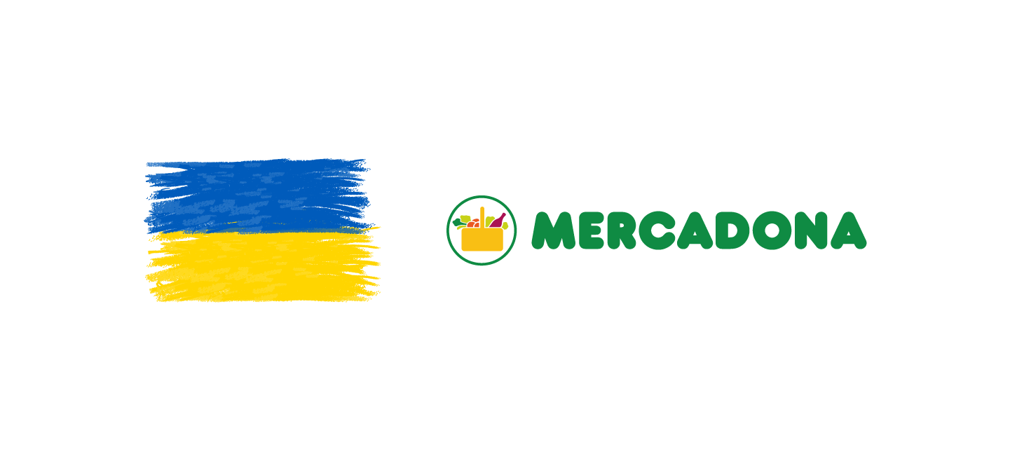 Ukrainako bandera eta Mercadonaren logotipoa