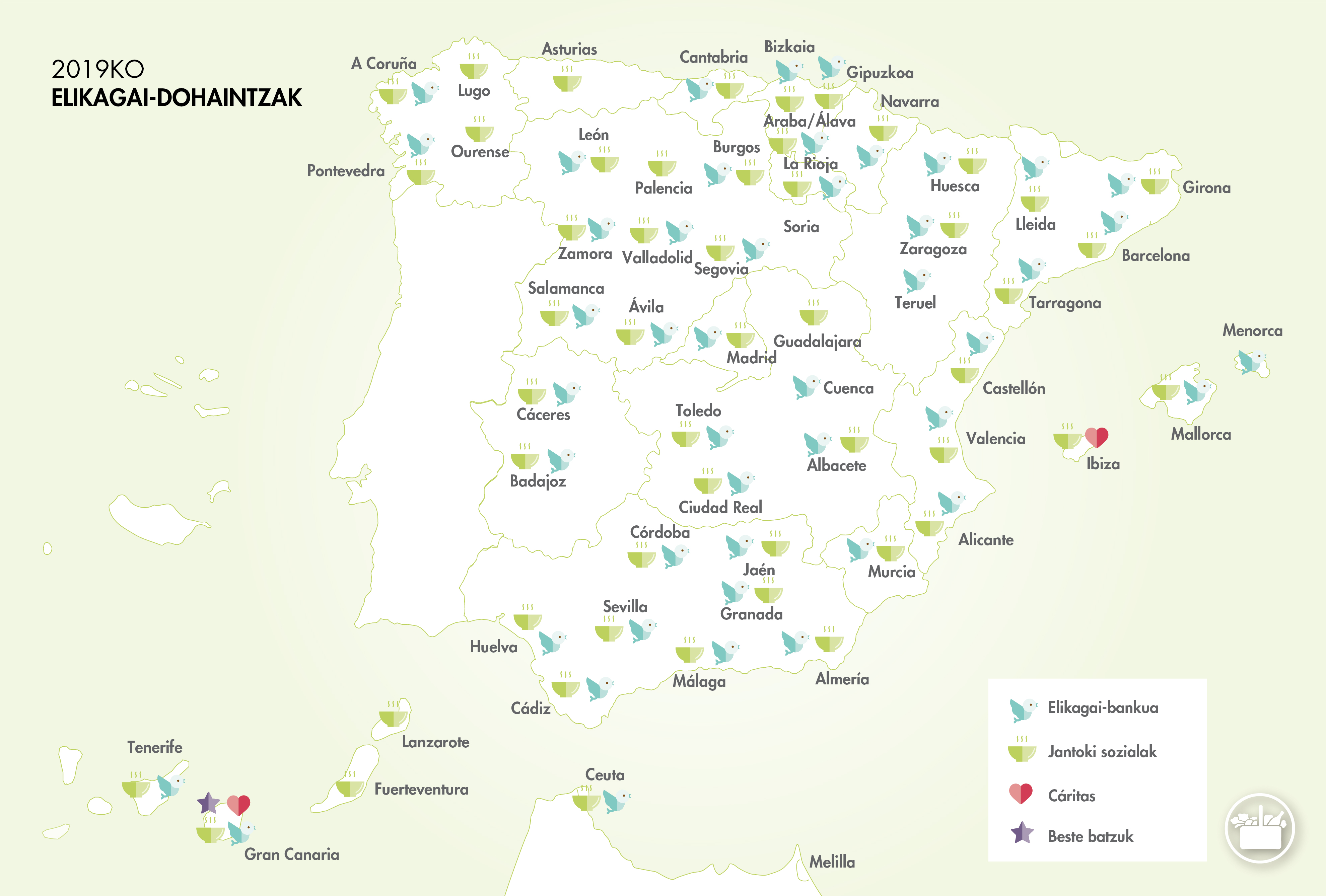 Mercadonaren 2019ko Espainiako elikagai-dohaintzen mapa