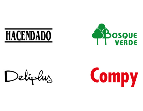 Imaxe dos logos das catro marcas de Mercadona: Hacendado, Bosque Verde, Deliplus e Compy.
