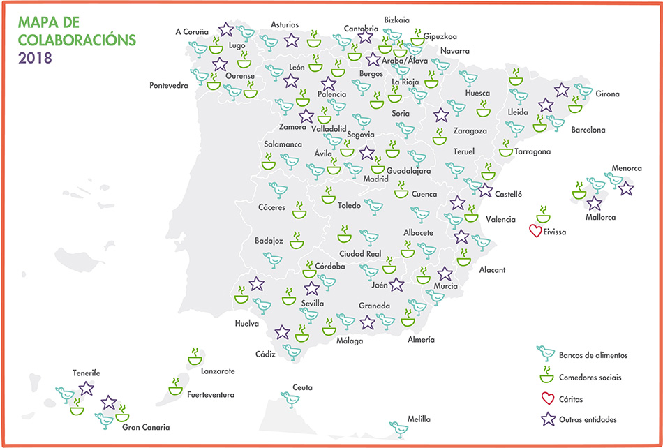 Mapa de colaboracións de Mercadona en toda España