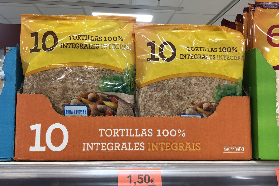 Tortillas integrais nun supermercado de Mercadona