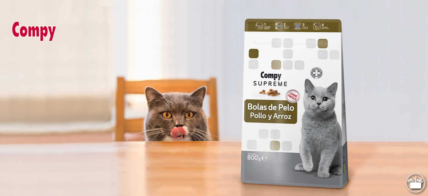 Bossa del nou pinso Compy Supreme Boles de Pèl per a gats adults
